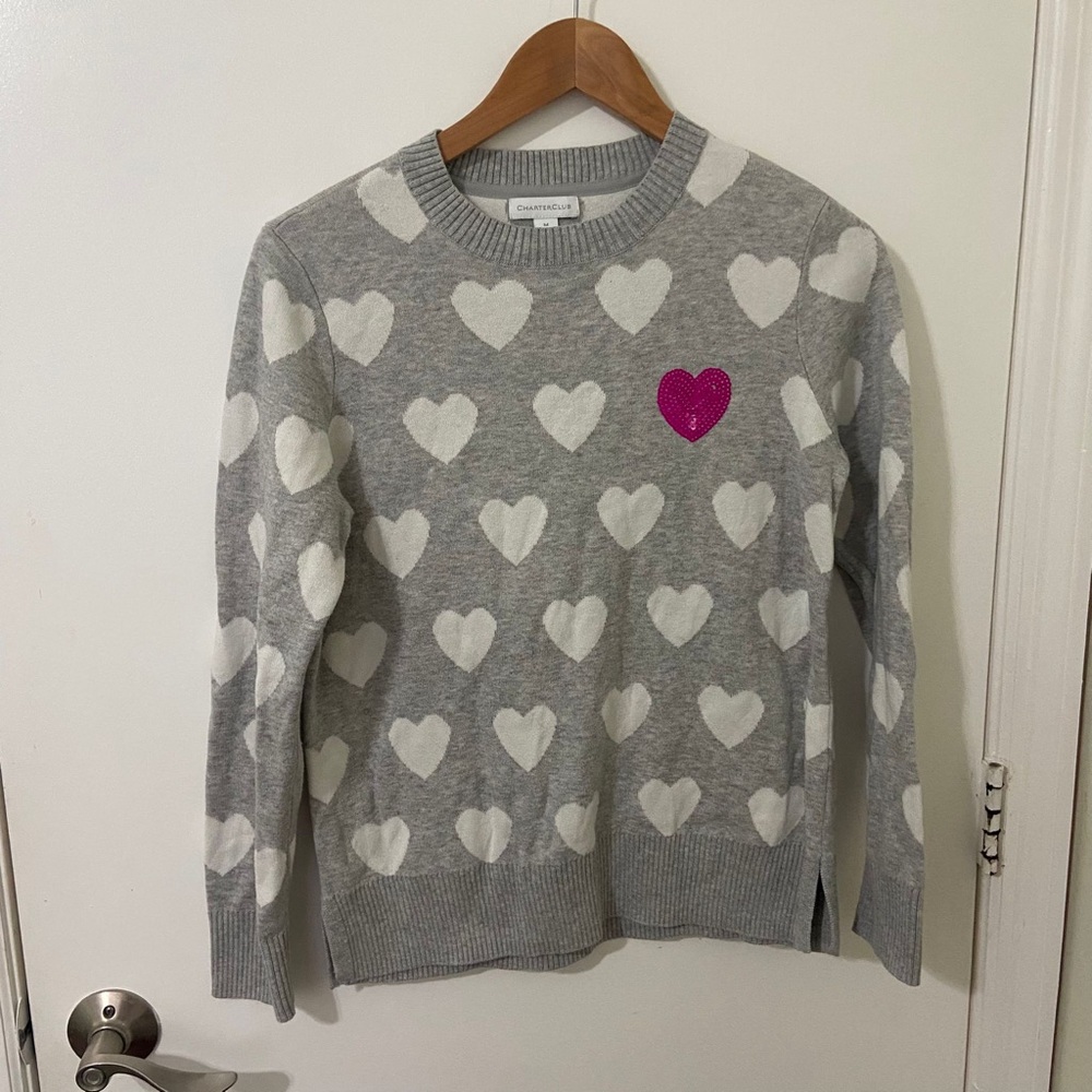 Charter Club | Women’s Cozy Gray and White Heart Sweater